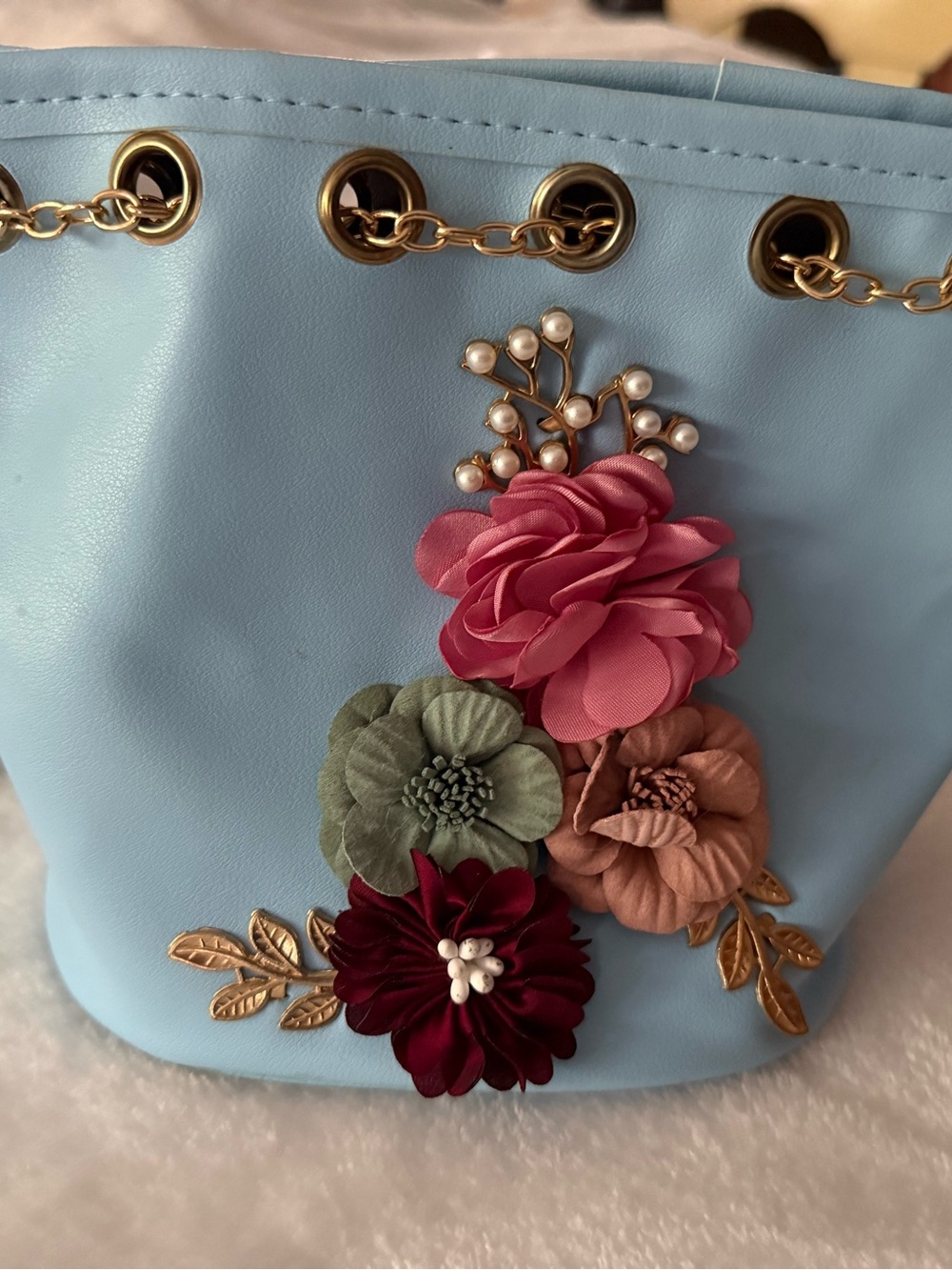 Light Blue Embellished Flowers Chain Bucket Purse Bag Boho Festival - Picture 3 of 7